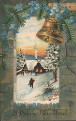 Happy New Year Winter Scene with Golden Bell, Cabin, Pine Boughs, and Snow Postcard