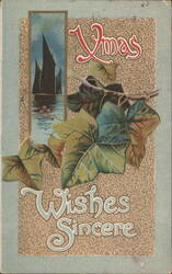 Xmas Wishes Sincere with Ivy Leaves & Sailboats Postcard
