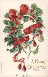 A Merry Christmas 1905 Holly Wreath Red Ribbons Mistletoe Greeting Postcard
