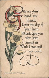 "Give Me Your Hand, My Friend" Birthday Greeting with Flowers Postcard