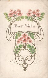 Best Wishes Floral Art Nouveau Greeting with Pink Flowers Postcard