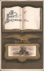 Happy Birthday Greeting Card with Open Book, Eagle, and Landscape Scene Postcard