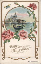 Venice Canal Scene with Gondola & Domed Buildings, Roses, Birthday Greetings Postcard