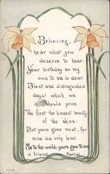 Birthday Greeting with Daffodils and Art Nouveau Design Postcard