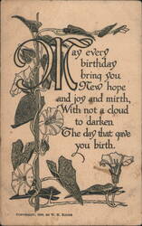 1909 Art Nouveau Birthday Greeting with Morning Glories and Verse Postcard