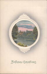 Birthday Greetings with Scenic Landscape in Oval Frame Postcard