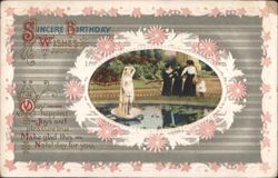 Birthday Wishes: Garden Scene with Women, Child & Statue Postcard