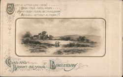 Ornate Birthday Greeting Card with Pastoral Landscape Painting and Poem Postcard