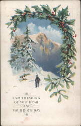 Winter Mountain Scene with Holly & Mistletoe Wreath, Birthday Greeting Postcard