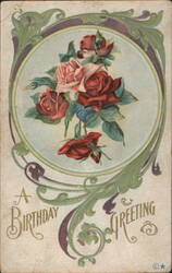 A Birthday Greeting with Red & Pink Roses in Art Nouveau Frame Postcard