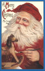 (Repro) Santa Claus Painting Rocking Horse, "A Merry Christmas, My busy day" Postcard