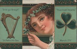 St. Patrick's Day Irish Woman with Shamrocks and Harp Postcard