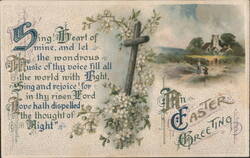 Easter Greeting with Cross, White Blossoms, and Distant Church Village Postcard