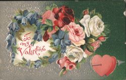 To my Valentine Roses, Bluebells, Pierced Heart, Floral Design Postcard