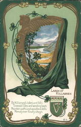 Lakes of Killarney Harp & Angel with Shamrocks, Irish Poem Postcard