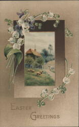 Easter Greetings with Pastoral Scene, Lily of the Valley & Violets Postcard