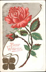 Red Rose and Bud with "Best Wishes" Greeting, Art Nouveau Design Postcard
