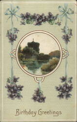 Birthday Greetings Card with Scenic Landscape, Violets, and Blue Ribbons Postcard