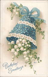 Birthday Greetings Floral Bell with Blue and White Flowers, Ribbon Postcard