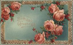 Birthday Greetings with Pink and Red Roses and Ornate Gold Border Postcard