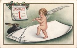Cherub Writing New Year's Resolutions, January 1 Good Luck Postcard