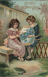 Easter Greetings with Children Holding Floral Egg in Garden Postcard