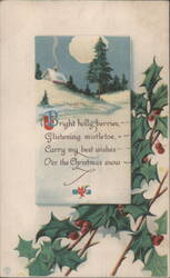 Bright Holly Berries, Christmas Snow Scene with Moonlit Cabin & Evergreen Trees Postcard