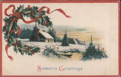 Seasons Greetings Holly Wreath & Snowy Village - Christmas Postcard