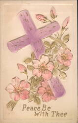 Purple Cross with Pink Flowers and 'Peace Be With Thee' Greeting Postcard
