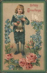 Young Boy with Doves and Flowers for Birthday Greetings Postcard