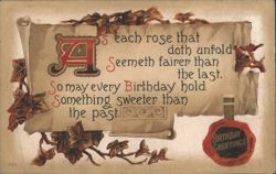 Birthday Greetings Poem on Decorative Scroll with Autumn Leaves Postcard