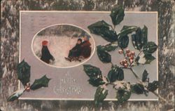 Merry Christmas: Children in Snowy Winter Scene with Holly Postcard