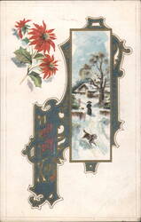 A Bright Jolly Xmas Poinsettias Winter Scene Woman & Dog in Snow Postcard