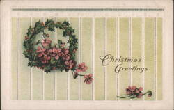 Christmas Greetings Holly Wreath Pink Flowers Striped Background Postcard