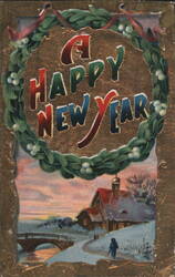 A Happy New Year Greeting with Winter Village Scene and Wreath Postcard