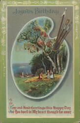 Joyous Birthday Card with Painter's Palette & Landscape Scene Postcard