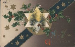 New Year Greetings with Winter Star Scene and Holly Postcard