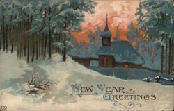 Winter Church Scene, Snow-Covered Trees, New Year Greetings by EAS Postcard
