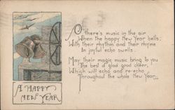 Happy New Year Bells & Poem Greeting with Birds and Wheel Postcard