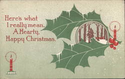 A Hearty, Happy Christmas Greeting with Holly, Candles & Snowy Forest Postcard