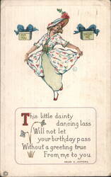 Dancing Woman in Floral Dress & Hat, Birthday Greeting by Helen E. Jeffers Postcard