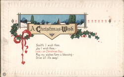 Christmas Wish with Holly, Winter Village Scene, and Sentimental Poem Postcard
