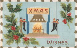 XMAS WISHES Fireplace Scene with Holly, Stockings & Figures Postcard