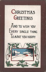 Christmas Greetings Winter Landscape with Holly and Berries 1918 Postcard