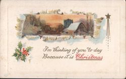 Christmas Greeting with Winter Church Scene, Holly, and Star Postcard