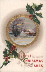 Best Christmas Wishes, Winter Scene with Holly Postcard