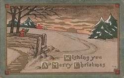 Winter Landscape with Christmas Greeting, Person Carrying Wreath Postcard