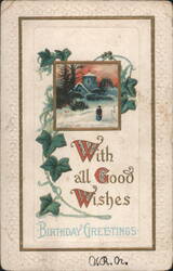 Winter Church Scene with Ivy Frame & 'With all Good Wishes' Birthday Greetings Postcard