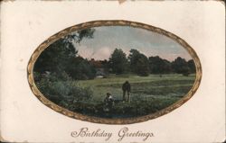 Birthday Greetings, Rural Scene with Adult and Child in Field Postcard
