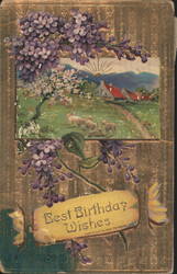 Best Birthday Wishes with Lilacs and Pastoral Village Scene Postcard